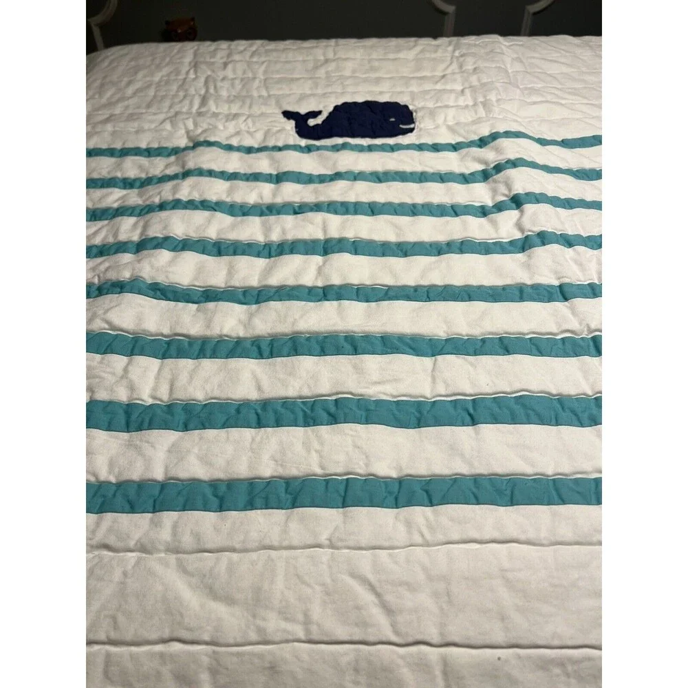 Pottery Barn Kids Hamptons Whale White Teal Baby Blue Toddler Crib Quilt 36x50”